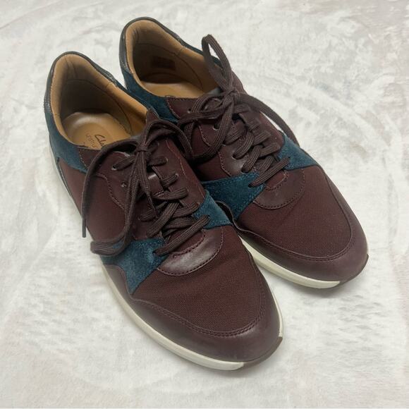 Clarks Unstructured Un Rio Run Sneakers Lace Up Shoe Burgundy Red Navy Blue 10.5 - Picture 2 of 8